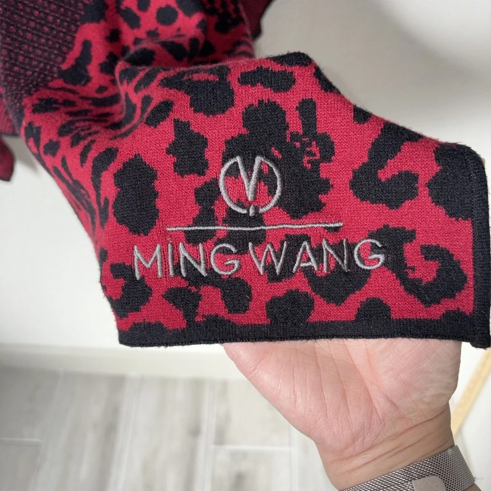 Ming Wang Red Black Leopard Patchwork Knit‎ Wrap Sweater Shawl One Size